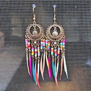 Coachella rainbow feather hippie tribal festival earrings